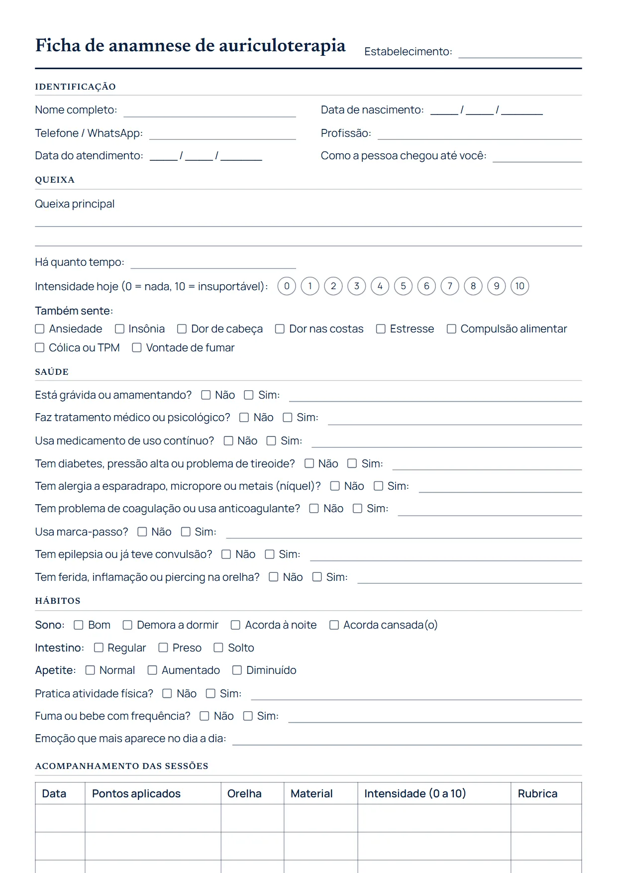 Ficha de anamnese de auriculoterapia para imprimir: primeira página do modelo em PDF
